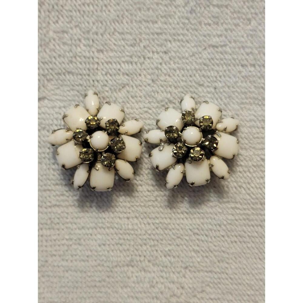 Vintage Milk Glass And Rhinestone Earrings